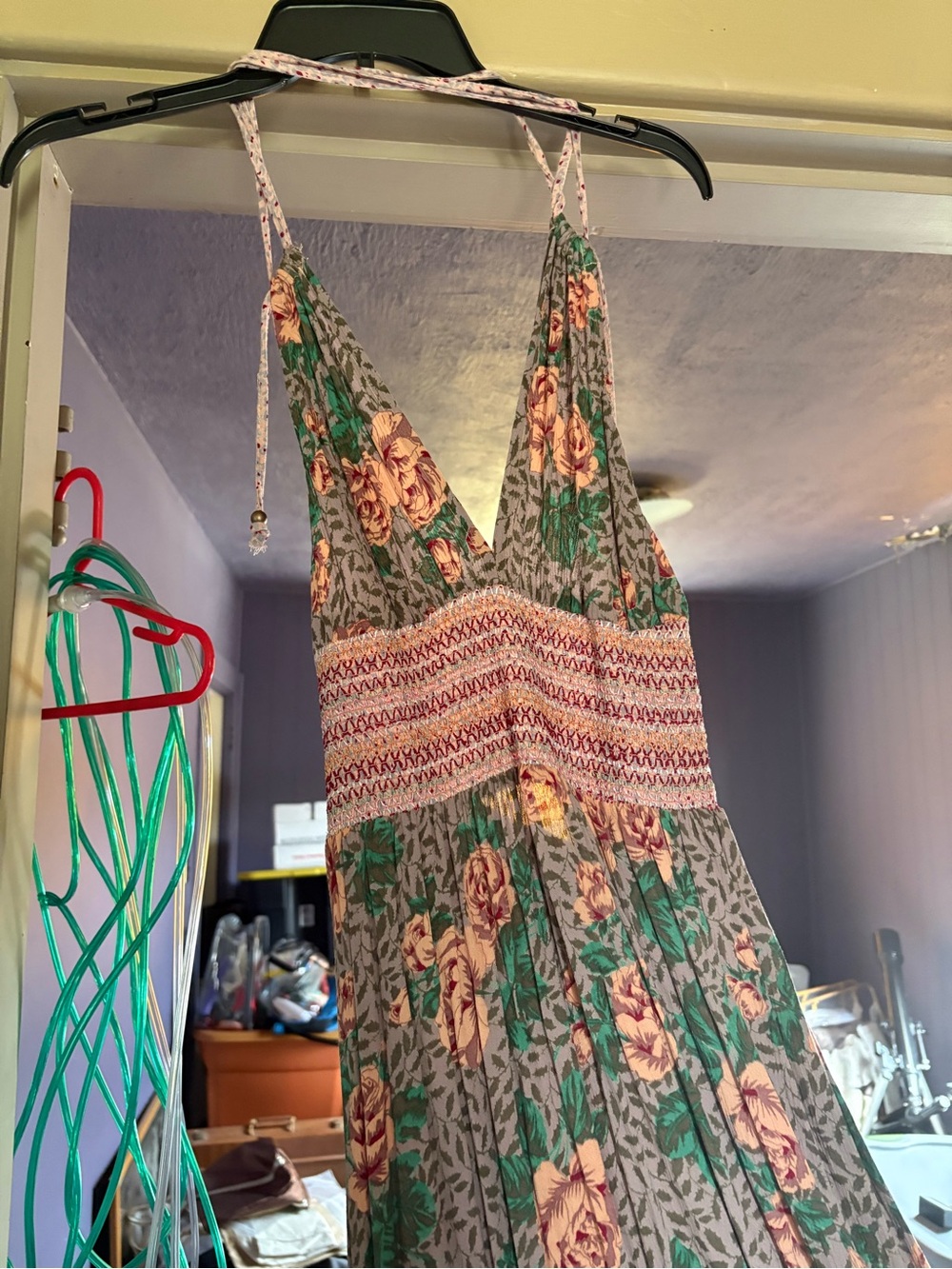 Buckle Floral Deep V Maxi Dress in Green and Pink